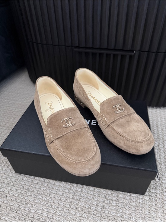 CHANEL Shoes - CHANEL Beige Suede CC Logo Loafers